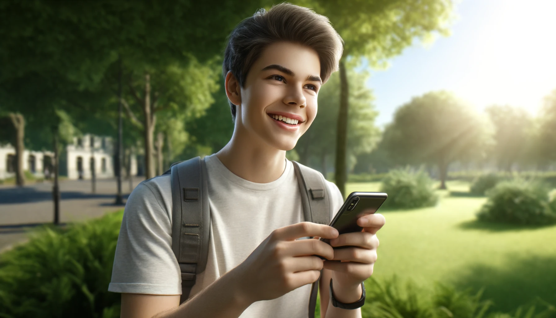a smiling male teenager using his phone outside.