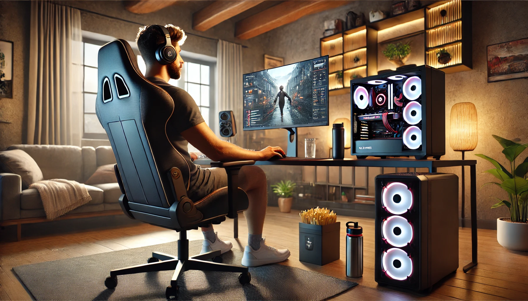  a man gaming at home. The scene shows a man sitting comfortably in an ergonomic gaming chair in front of a high-performance gaming PC setup with a low-latency monitor. There are gaming accessories like a quality headset, gaming mouse, and keyboard. The man is focused on the screen, with a water bottle and healthy snacks nearby. 