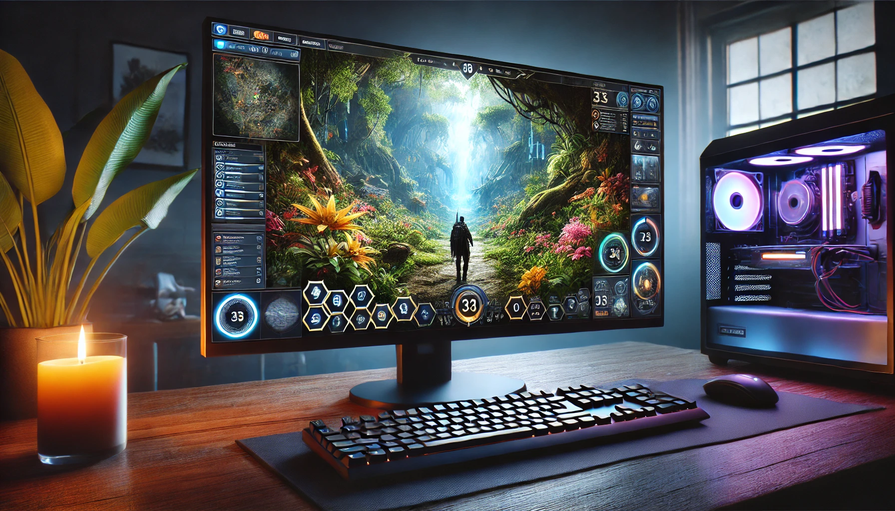 a computer screen displaying a high-resolution video game. The game features a vibrant, immersive environment with detailed graphics. The screen shows a first-person perspective in a lush, fantasy landscape, with intricate textures and lighting effects.