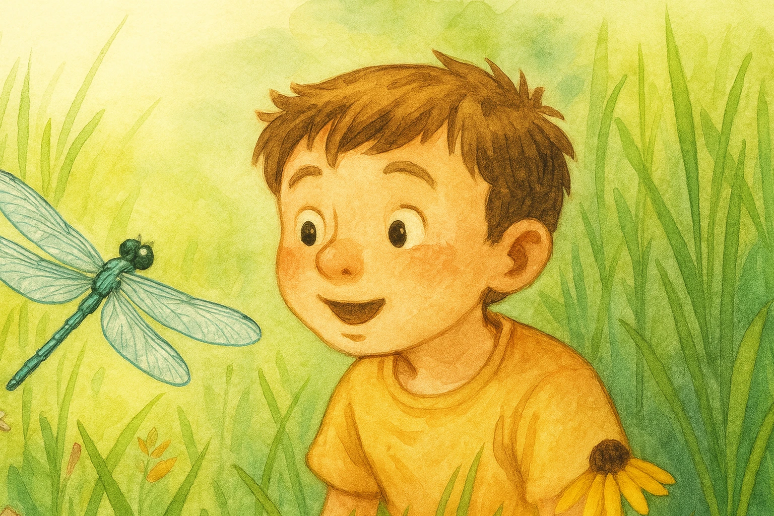 A little boy met a dragonfly in the grass.