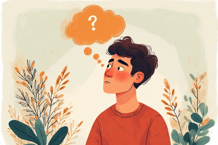A 25-year-old guy is thinking and he has a cloud of thoughts over his head with a question mark in it