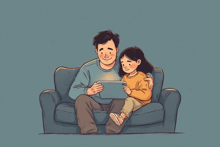 Dad and daughter are sitting on the couch and looking at the tablet together