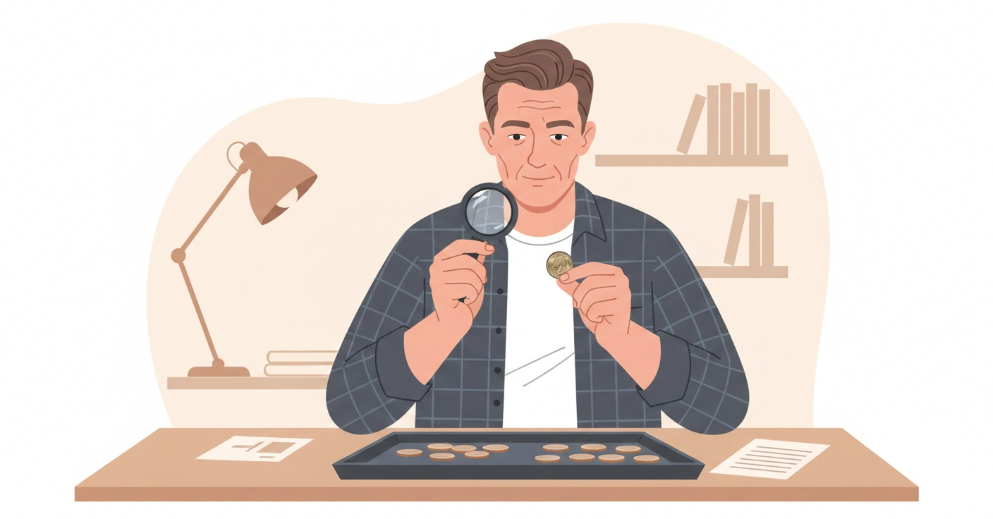 A collector sorting 1990s coins and pausing at a 1994 Washington quarter